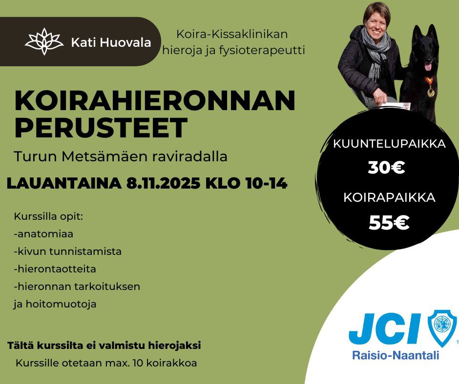 Koirahieronnan perusteet koulutuksen sisältö.